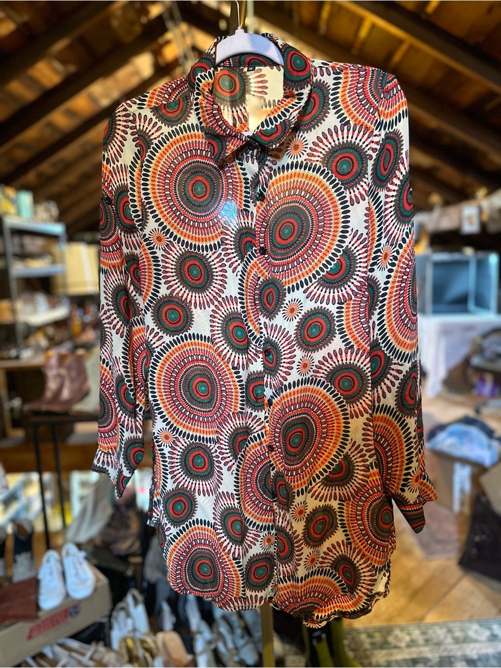 Circular Print Button-Up Blouse in Cream, Red & Green